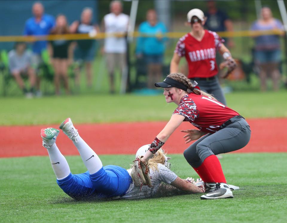 Chenango Valley's Kaylee Watson (10) puts a tag on a baserunner in the NYSPHSAA Class B final against Ichabod Crane at Moriches Athletic Complex in Moriches on Saturday, June 11, 2022.