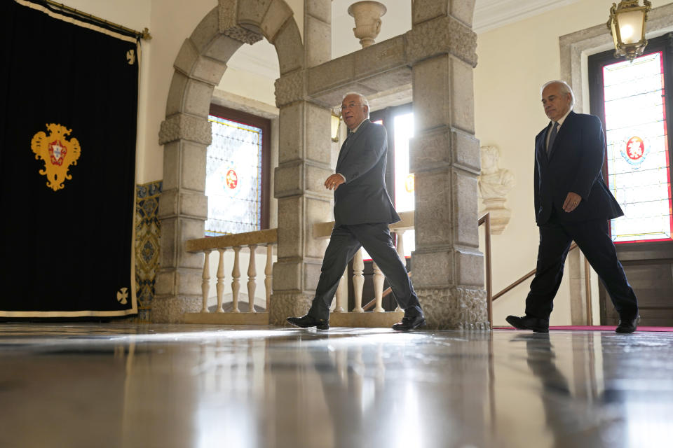 Outgoing Portuguese Prime Minister Antonio Costa, center, arrives to attend the State Council meeting called by President Marcelo Rebelo de Sousa at the Belem presidential palace in Lisbon, Thursday, Nov. 9, 2023. On Tuesday, Prime Minister Costa resigned while his government is involved in a widespread corruption probe. After the council meeting, Rebelo de Sousa is expected to announce if he will call early elections or try to appoint a new prime minister. (AP Photo/Armando Franca)