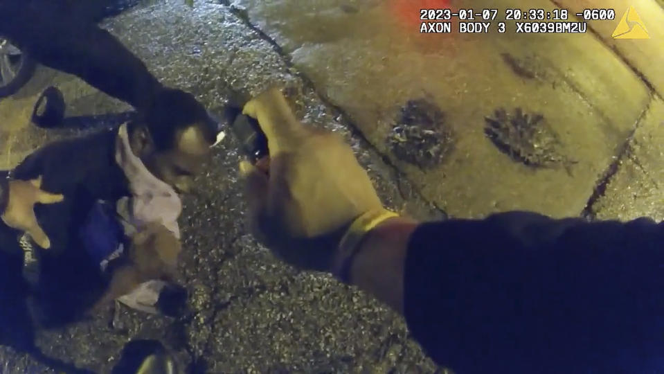 The image from video released on Jan. 27, 2023, by the City of Memphis, shows Tyre Nichols during a brutal attack by five Memphis police officers on Jan. 7, 2023, in Memphis, Tenn. Nichols died on Jan. 10. The five officers have since been fired and charged with second-degree murder and other offenses. (City of Memphis via AP)