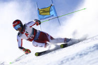 Austria's Roland Leitinger speeds down the course during an alpine ski, men's World Cup giant slalom, in Soelden, Austria, Sunday, Oct. 24, 2021. (AP Photo/Marco Trovati)