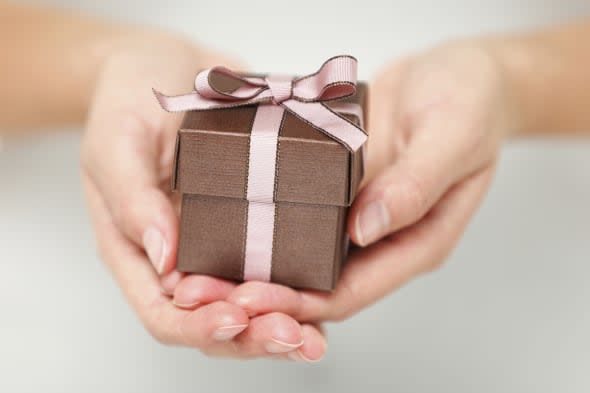 Present / gift. Close up of hands holding small gift with ribbon.Gift. Woman holding showing gift or christmas gift in her hands