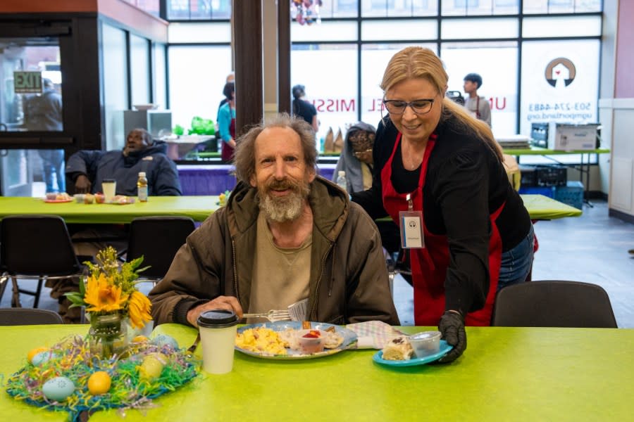 Guests being served an Easter shelter meal at the Union Gospel Mission in Portland on Mar. 31, 2024. (Courtesy: Union Gospel Mission)