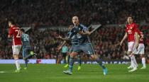 <p>Celta Vigo’s John Guidetti celebrates after Facundo Roncaglia scores their first goal </p>