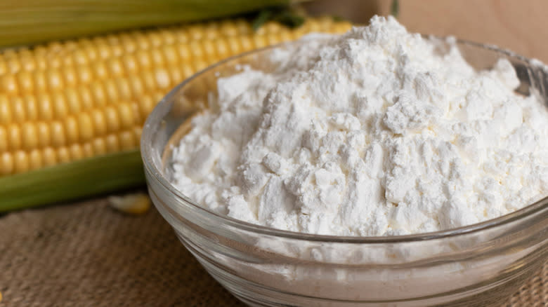 cornstarch in bowl with corn cob