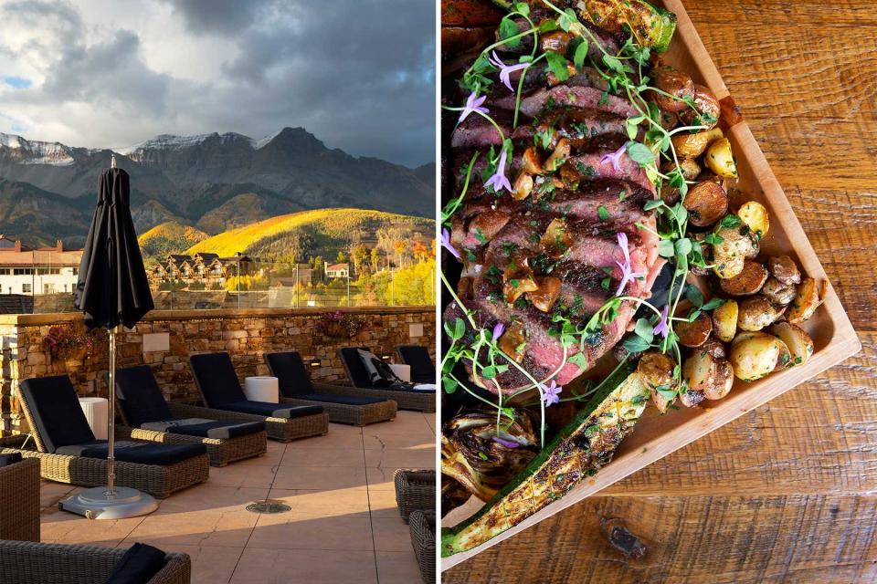 Two photos from the Madeline Hotel in Telluride, Colorado, one showing the hotels rooftop terrace, and one showing a meat and vegetable platter from the hotel's restaurant