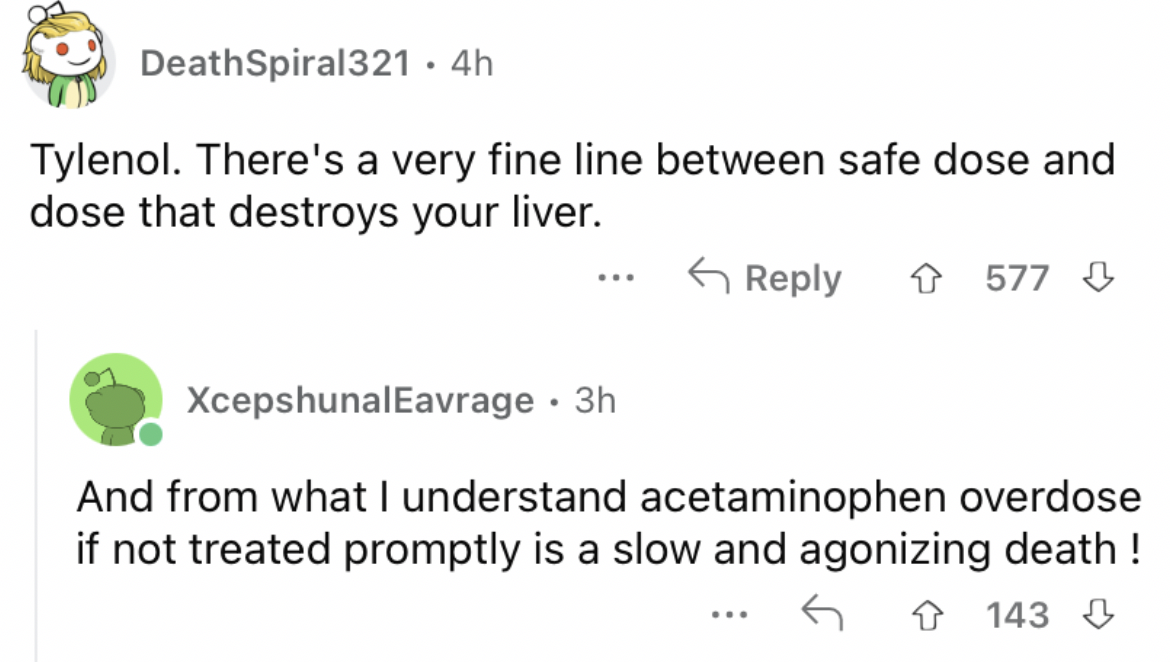 Reddit screenshot about Tylenol being risky if not taken seriously.