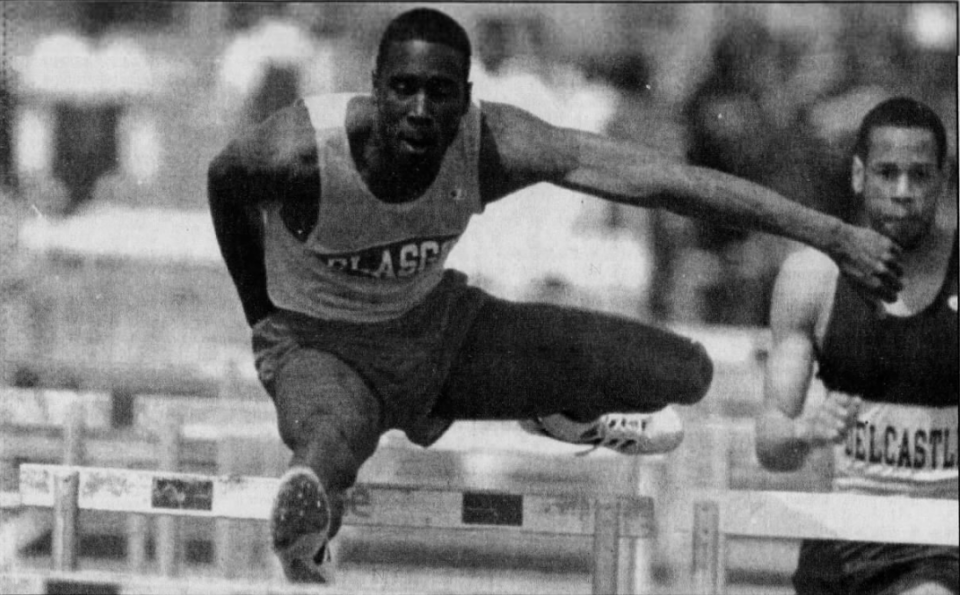 Glasgow's Robert Dixon pulls away from the field in the 110-meter hurdles at the Burgess Invitational in 1994.