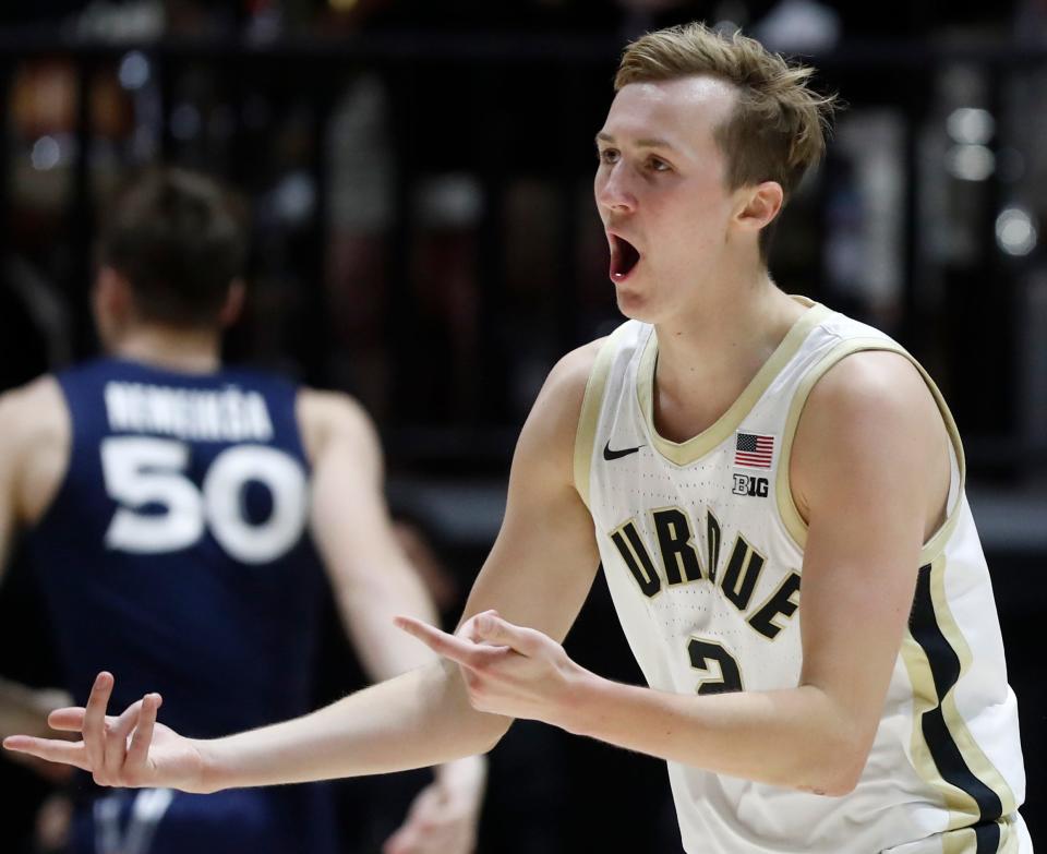 Purdue Boilermakers guard Fletcher Loyer (2) celebrates after scoring during the NCAA men’s basketball game against the Xavier Musketeers, Monday, Nov. 13, 2023, at Mackey Arena in West Lafayette, Ind.