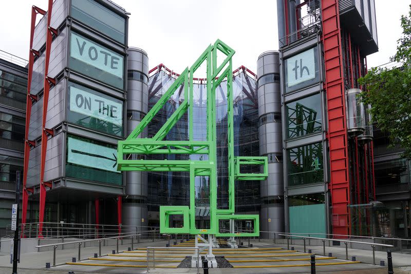 Channel 4 building incorporating number 4 in to ‘vote on the 4th’ sign, in London