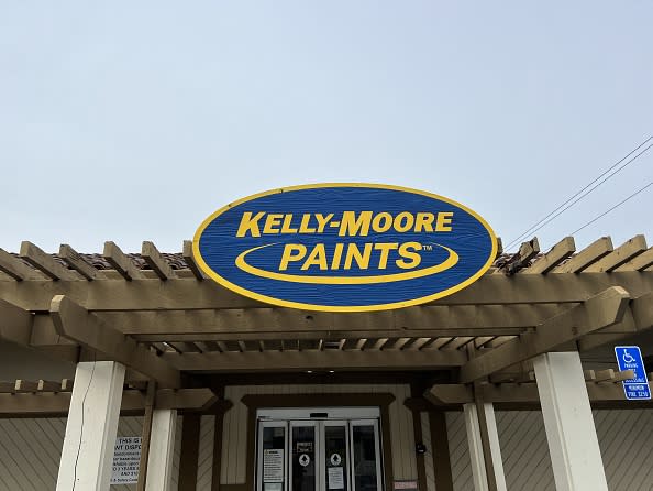 Facade of Kelly Moore paints location in Lafayette, California, February 2, 2023. (Photo by Smith Collection/Gado/Getty Images)