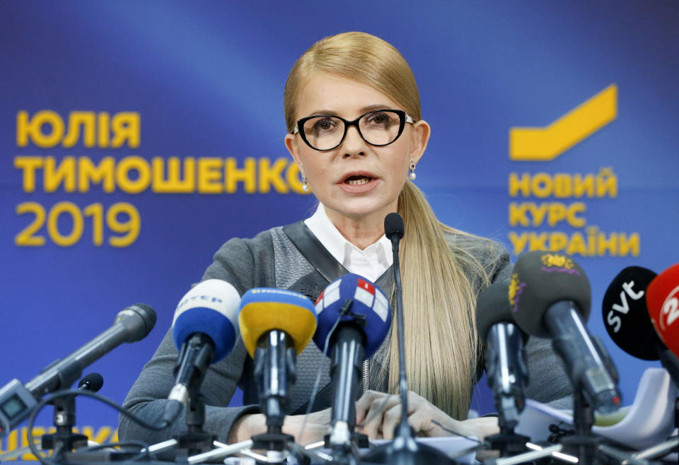 Former Ukrainian Prime Minister Yulia Tymoshenko speaks during her press conference in Kiev, Ukraine, Thursday, March. 7, 2019. Tymoshenko is running in the president election scheduled for March 31. (AP Photo/Efrem Lukatsky)