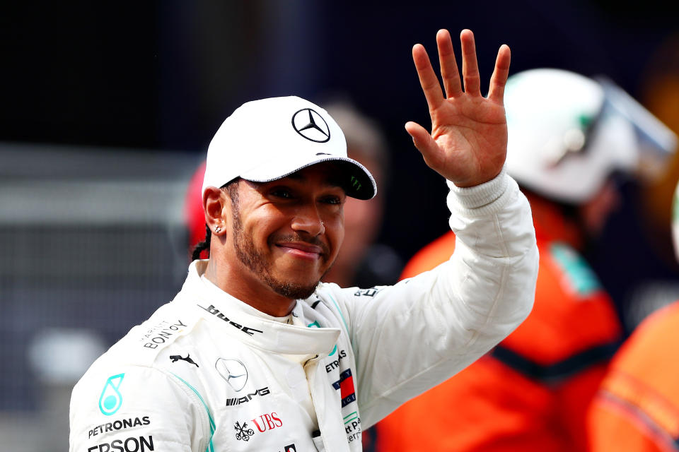 MONTE-CARLO, MONACO - MAY 25: Pole position qualifier Lewis Hamilton of Great Britain and Mercedes GP celebrates in parc ferme during qualifying for the F1 Grand Prix of Monaco at Circuit de Monaco on May 25, 2019 in Monte-Carlo, Monaco. (Photo by Dan Istitene/Getty Images)