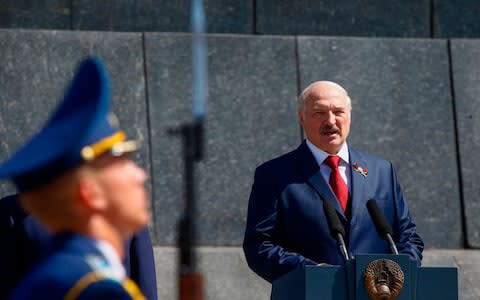 Alexander Lukashenko speaks at a Victory Day wreath-laying ceremony in Minsk on May 9 - Credit: Vasily Fedosenko/AFP/Getty Images