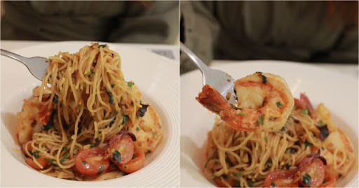 alice boulangerie - close up of prawn linguine