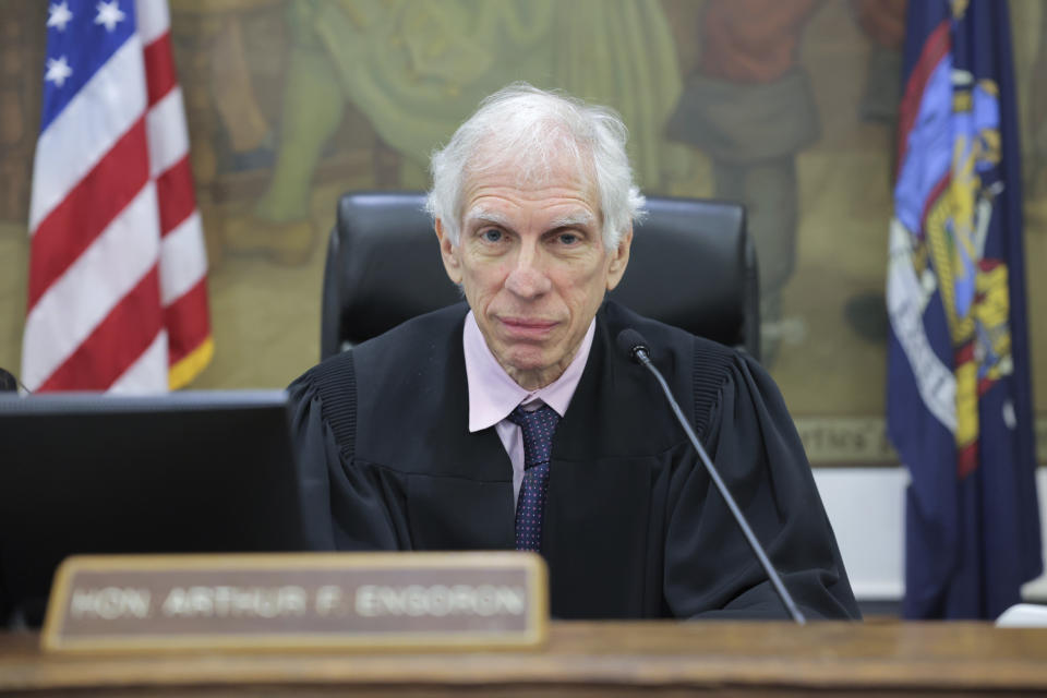 Judge Arthur F. Engoron presides over former President Donald Trump's civil business fraud trial at New York Supreme Court, Tuesday, Oct. 17, 2023, in New York. (Andrew Kelly/Pool Photo via AP)