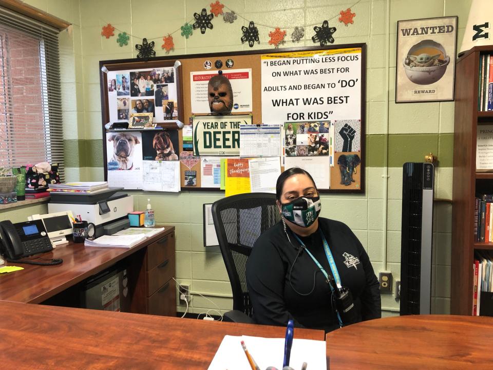 Jineen McLemore Torres, then-principal of James Madison Academic Campus in Milwaukee, sits in her office last winter. As a new principal, she came down hard on misbehaving students. Now, she focuses on building relationships.