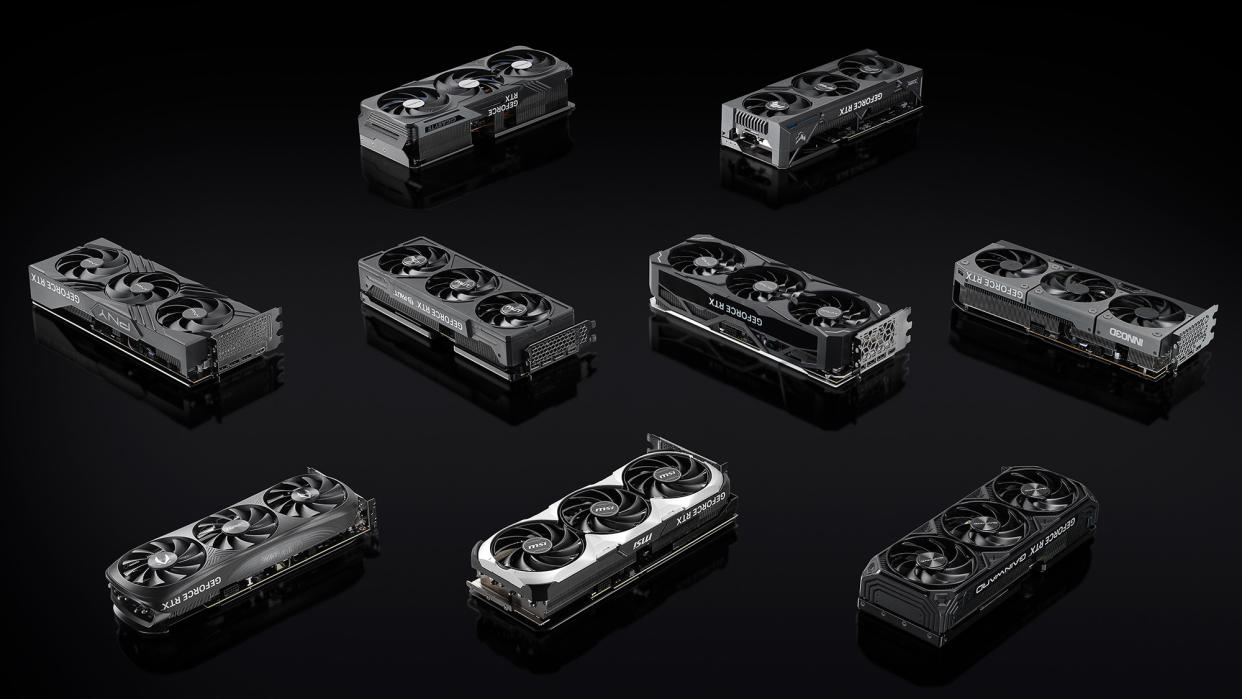  An array of Nvidia RTX 4080 Super GPUs on a black reflective surface. 