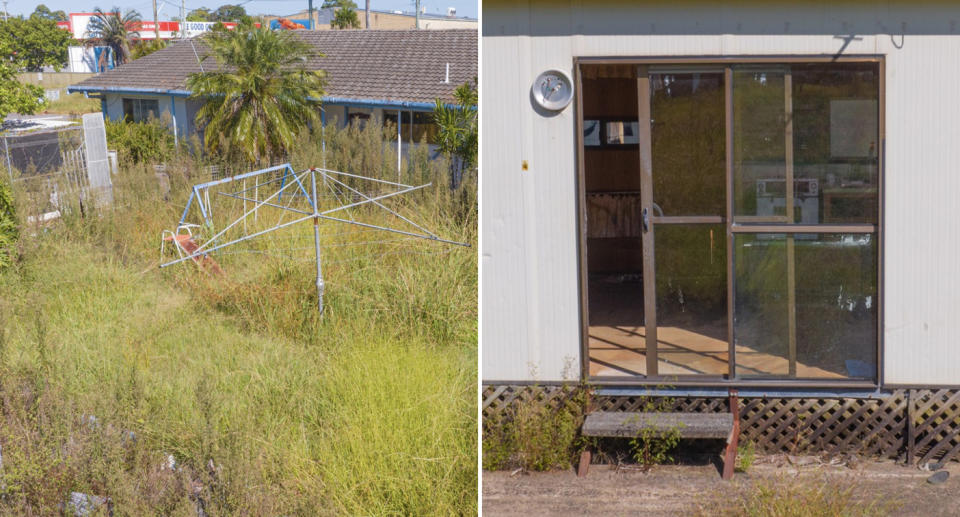 Items sit in an abandoned home and weeds overtake a clothes line.