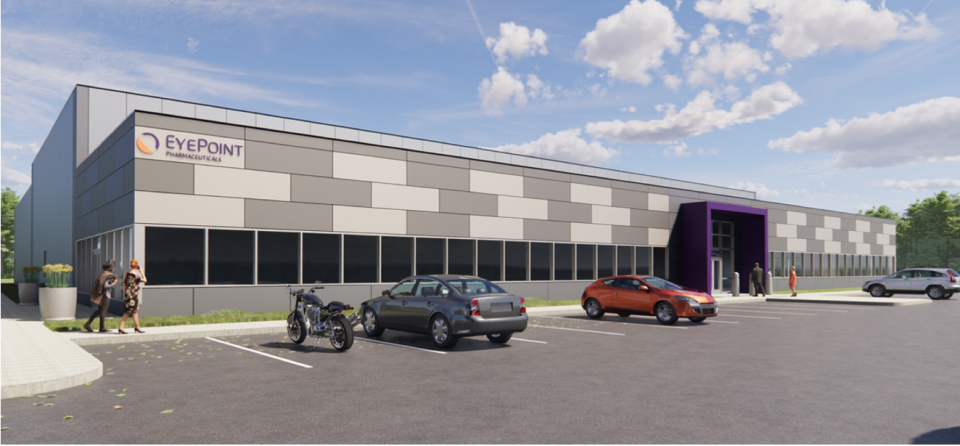 A developer broke ground last week to build a 40,000-square-foot plant for a pharmaceuticals manufacturing company on Commerce Drive that will be home to EyePoint Pharmaceuticals, a Watertown-headquartered company that will lease the building for eye disease drug treatment development and delivery.