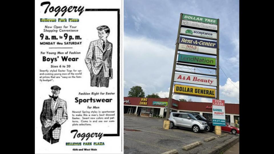 At left, a 1956 ad in the Belleville News-Democrat advertised men’s and boys’ clothing at the Toggery at Bellevue Park Plaza in Belleville. At right, the sign for the strip mall today.