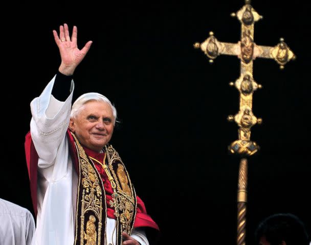 PHOTO: Pope Benedict XVI greets the crowd from the central balcony of St. Peter's Basilica at the Vatican, April 19, 2005, soon after his election.  (Domenico Stinellis/AP, FILE)