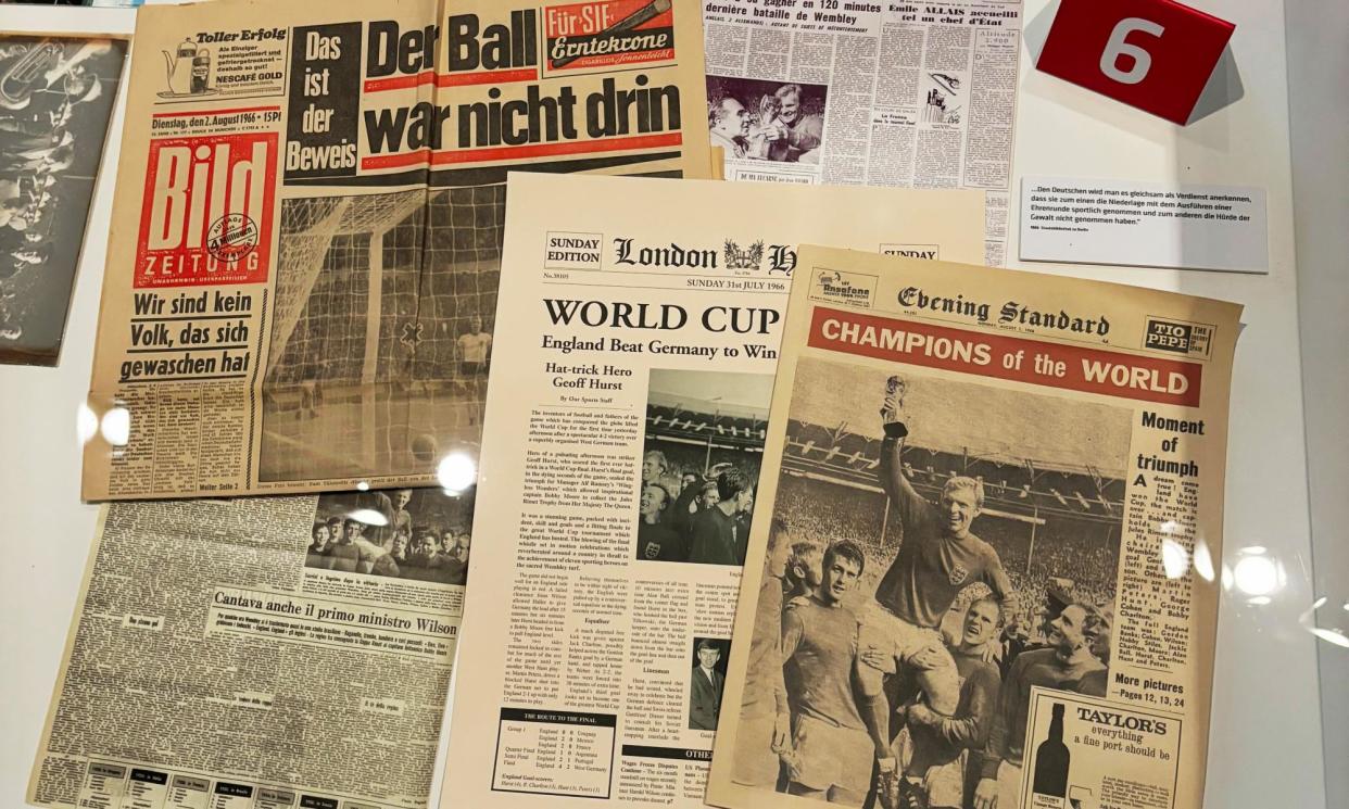<span>Exhibit at the German Football Museum of newspaper clippings about the 1966 World Cup final.</span><span>Photograph: Ben Fisher/The Guardian</span>