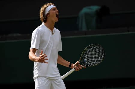 Britain Tennis - Wimbledon - All England Lawn Tennis & Croquet Club, Wimbledon, England - 3/7/16 Germany's Alexander Zverev celebrates during his match against Czech Republic's Tomas Berdych REUTERS/Tony O'Brien