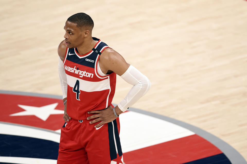 WASHINGTON, DC - APRIL 26: Russell Westbrook #4 of the Washington Wizards in action against the San Antonio Spurs in the second half at Capital One Arena on April 26, 2021 in Washington, DC.  NOTE TO USER: User expressly acknowledges and agrees that, by downloading and or using this photograph, User is consenting to the terms and conditions of the Getty Images License Agreement. (Photo by Patrick McDermott/Getty Images)