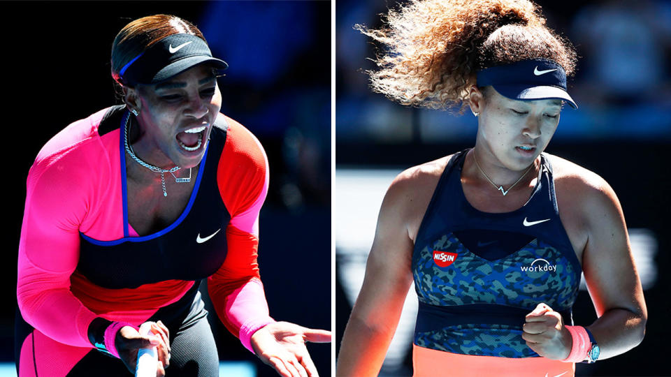 Naomi Osaka (pictured right) celebrating a point and Serena Williams (pictured left) yelling in frustration.