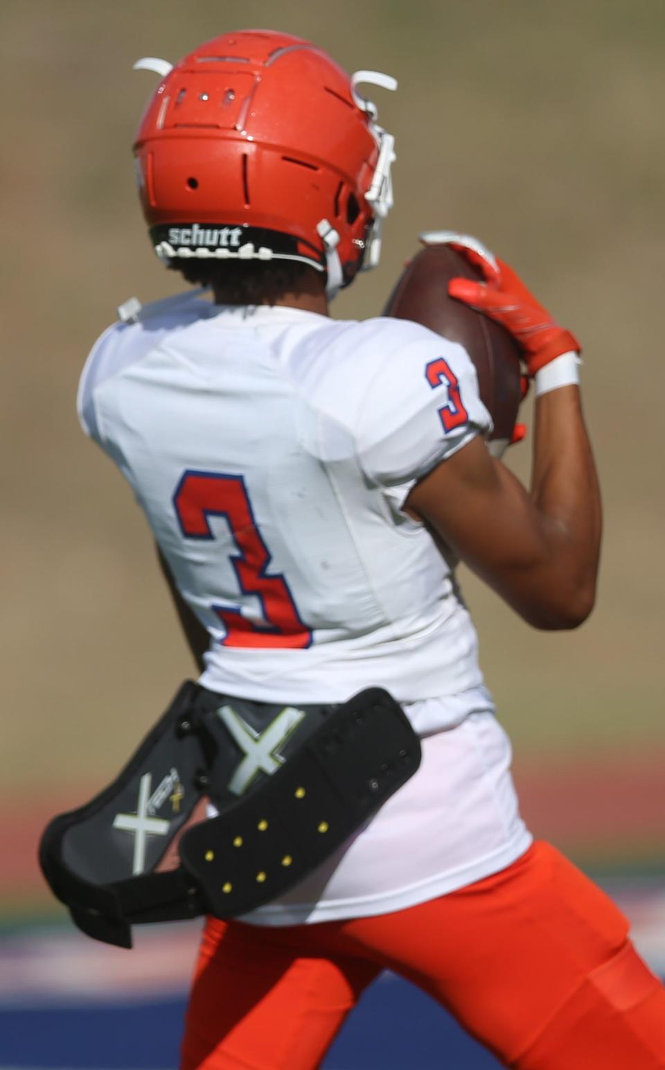 Wide receiver Jacob English makes a touchdown reception during San Angelo Central High School's spring football game at San Angelo Stadium on Wednesday, May 18, 2022.