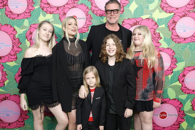 <p>Stefanie Keenan/Getty Images</p> From left: Stella Spelling, Tori Spelling, Beau Spelling, Dean McDermott, Finn Spelling, and Hattie Spelling attend the Luskin Orthopaedic Institute for Children, Stand for Kids Gala at Universal Studios Hollywood on June 10, 2023 in Universal City, California.