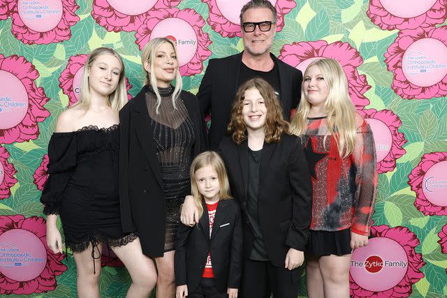 <p>Stefanie Keenan/Getty Images</p> (L-R) Stella Spelling, Tori Spelling, Beau Spelling , Dean McDermott, Finn Spelling and Hattie Spelling attend the Luskin Orthopaedic Institute for Children, Stand for Kids Gala on June 10, 2023, in Universal City, California