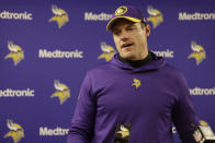 Minnesota Vikings head coach Kevin O'Connell answers questions during a press conference after an NFL football game against the Green Bay Packers, Sunday, Oct. 29, 2023, in Green Bay, Wis. The Vikings won 24-10. (AP Photo/Matt Ludtke)