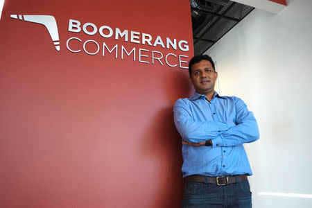 Guru Hariharan, the CEO of startup Boomerang Commerce, poses at the company's headquarters in Mountain View, California, U.S. April 21, 2017. REUTERS/Stephen Nellis