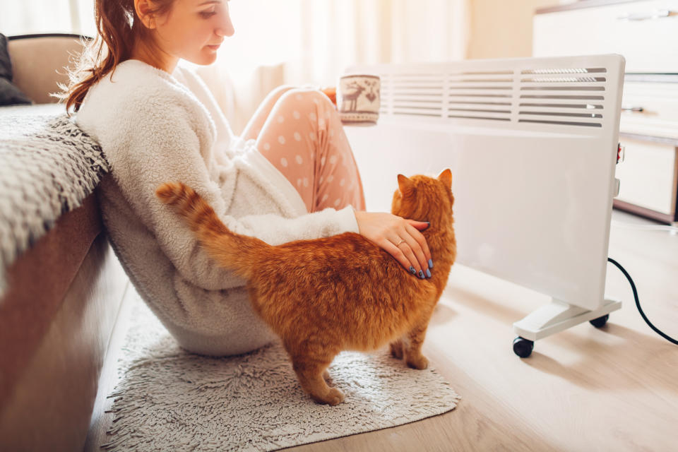 Woman and cat sitting in front of space heater during winter