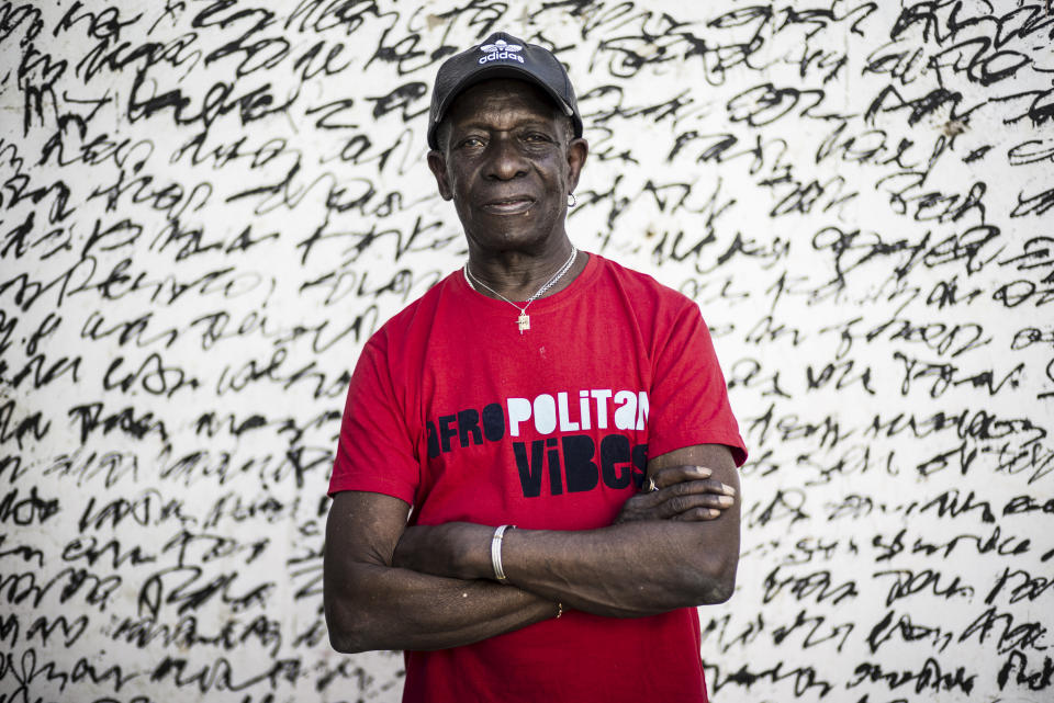 In this photo taken Wednesday, April 5, 2017, pioneering African drummer Tony Allen, whose influential career spanned decades and continents, poses for a portrait ahead of a concert with Senegalese musician Cheikh Lo in Dakar, Senegal. Tony Allen, the driver of the Afrobeat sound who formed a partnership with guitarist and composer Fela Kuti, died of aortic failure at the Pompidou Hospital in Paris aged 79 on Thursday night, his manager Eric Trosset confirmed to The Associated Press on Friday, May 1, 2020. (AP Photo/Sylvain Cherkaoui)