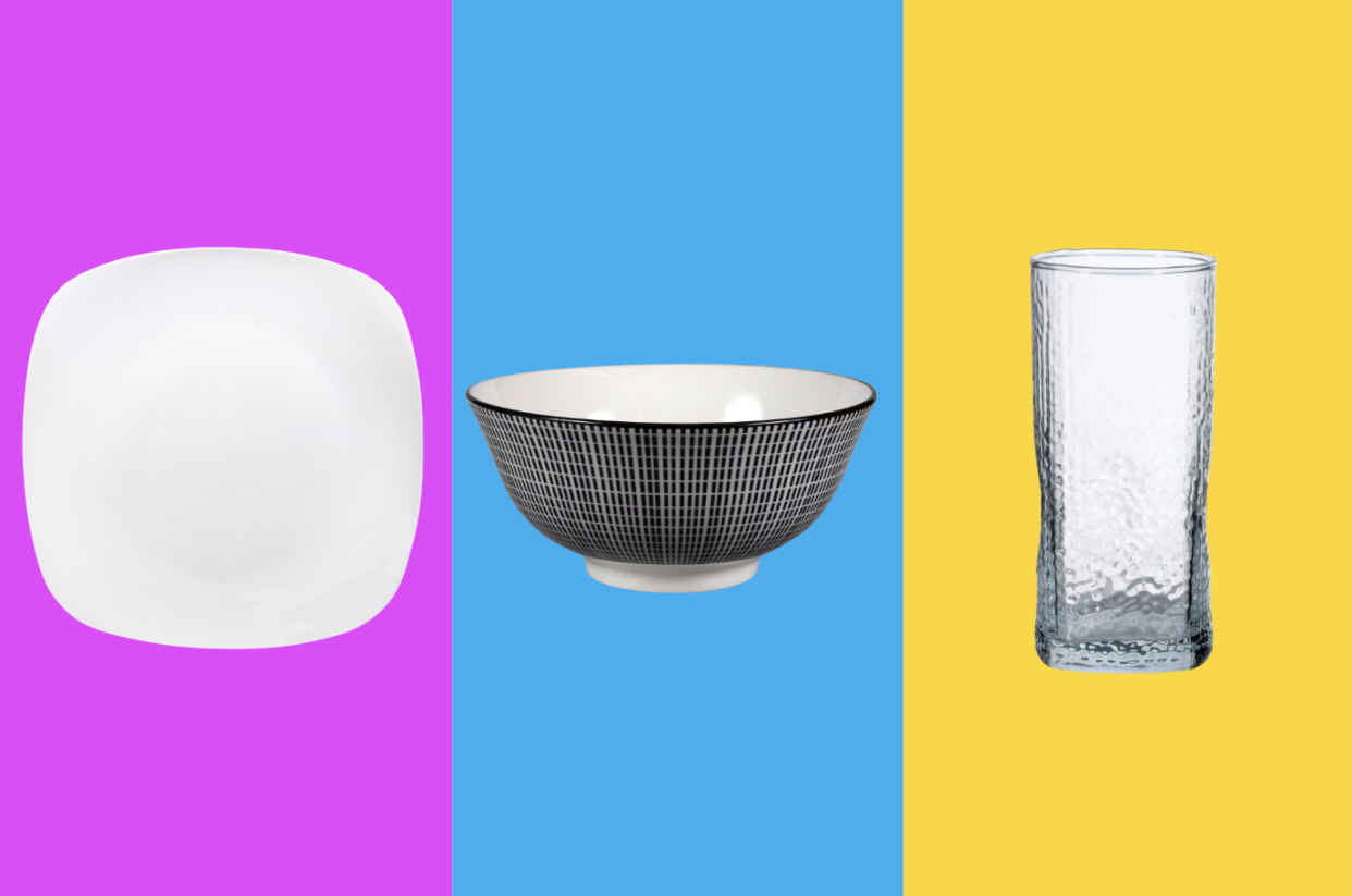 Shown (left to right): A square plate, patterned bowl and textured drinking glass from Dollar Tree.