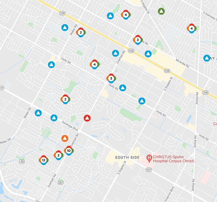 The AEP Texas outage map showed 2,188 were without power near Saratoga Boulevard and Everhart Road. An additional 1,030 on Everhart Road lost power.