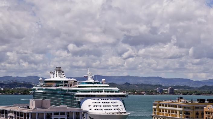 The Royal Caribbean Cruises Ltd. Liberty of the Sea ship sits docked at the Port of San Juan in Old San Juan, Puerto Rico,