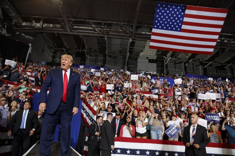 President Donald Trump arrives to speak at a campaign rally at Williams Arena in Greenville, N.C., Wednesday, July 17, 2019. (AP Photo/Carolyn Kaster)