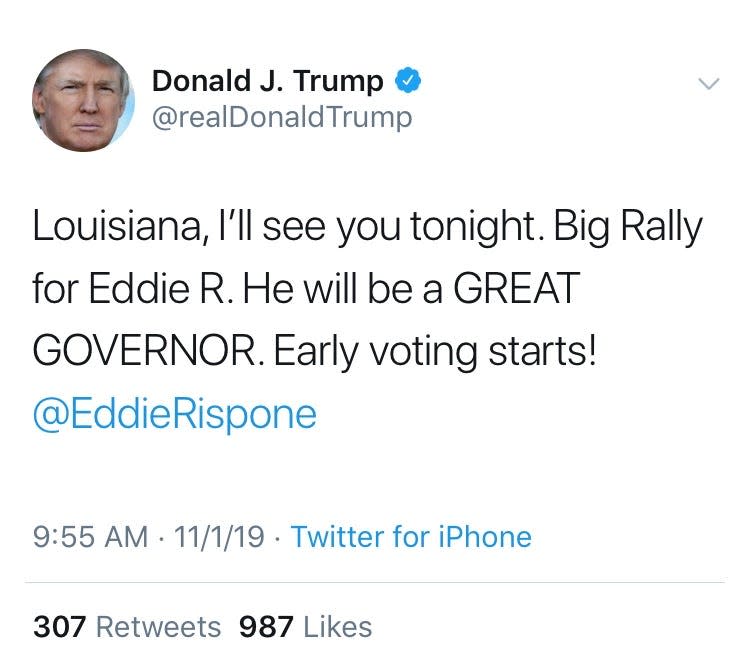 "Louisiana, I'll see you tonight," Trump tweeted Friday. But Trump's schedule said he's holding a rally Friday in Tupelo, Mississippi.