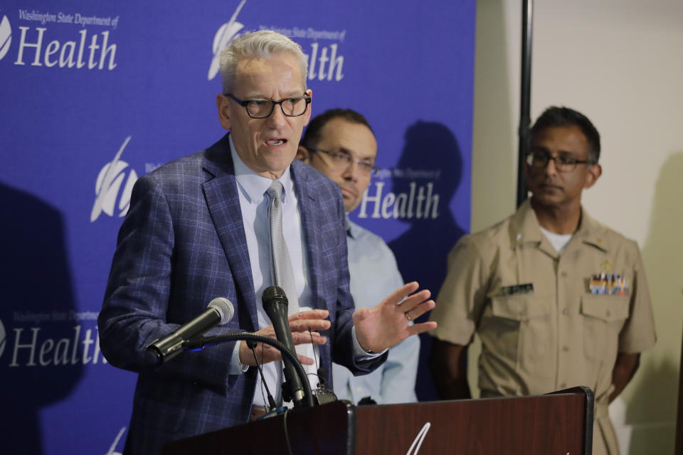 John Wiesman, Washington state Secretary of Health, speaks Wednesday, Jan. 22, 2020, during a news conference in Shoreline, Wash. Wiesman and other officials spoke about the ongoing response after a man in Washington state traveled to China and contacted the 2019 novel coronavirus. Officials said they are actively monitoring more than a dozen people who came into close contact with the man, who is doing well and is in an isolation unit in a hospital north of Seattle. (AP Photo/Ted S. Warren)