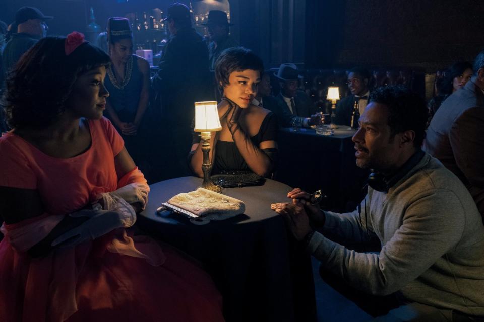 Aja Naomi King, left, Tessa Thompson discuss a scene in "Sylvie's Love" with director Eugene Ashe.