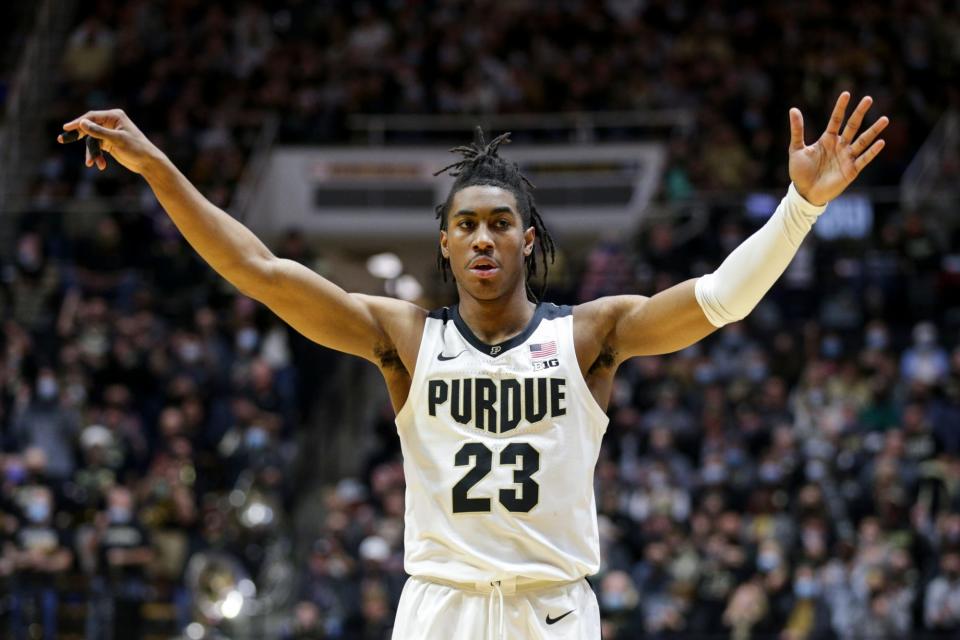 Purdue guard Jaden Ivey (23) reacts during the second half of an NCAA men's basketball game, Wednesday, Dec. 29, 2021 at Mackey Arena in West Lafayette.