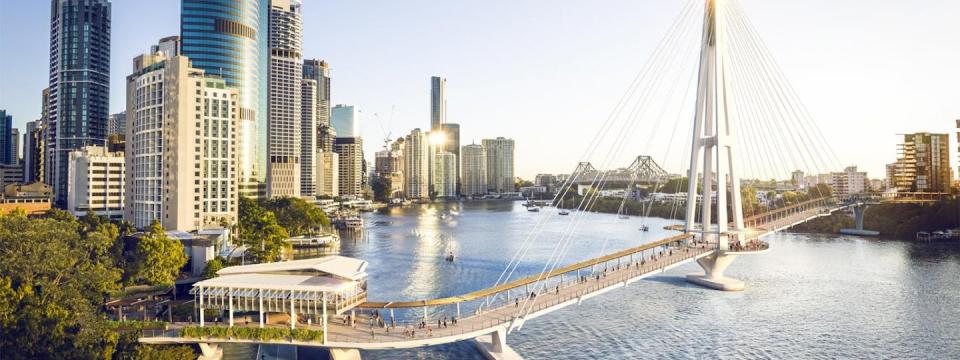 Artist impression of the green bridge between Kangaroo Point and Ann Street now under construction in Brisbane. Queensland government.