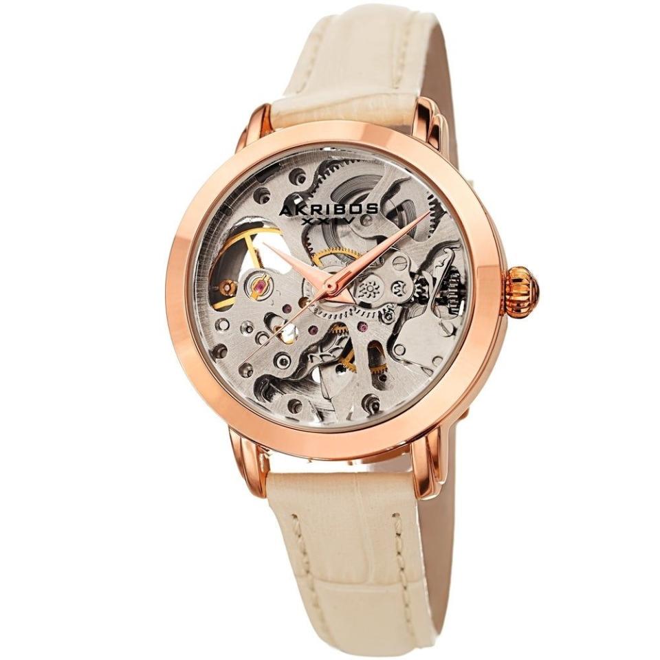 Ladies Automatic Skeletal White Leather Strap Watch