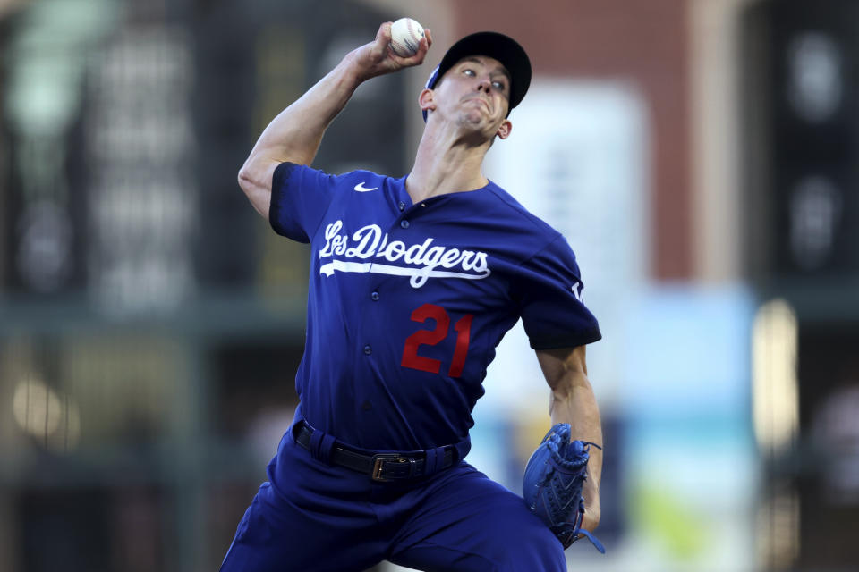 Los Angeles Dodgers' Walker Buehler pitches against the San Francisco Giants during the first inning of a baseball game in San Francisco, Friday, June 10, 2022. (AP Photo/Jed Jacobsohn)