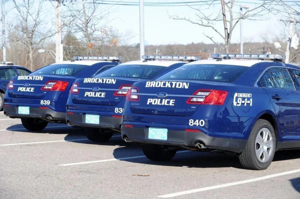 Brockton police cruisers seen parked outside the Commercial Street station in a December 2012 photo. (Enterprise file photo)
