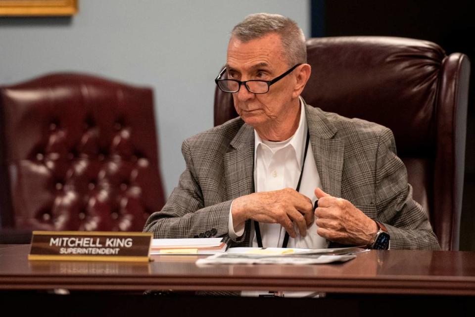 Harrison County School District Superintendent Mitchell King listens as members of LGBTQ advocacy groups ask the school board to change their dress code for graduation after L.B., a transgender student, and a few other students were unable to walk in graduation to due the school’s dress code during a Harrison County School Board meeting at the Central Office in Gulfport on Monday, June 5, 2023.