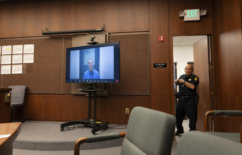 Scott Peterson appears on a video call from Mule Creek State Prison during a status conference at San Mateo County Superior Court in Redwood City, Calif., Tuesday, March 12, 2024. (Andy Alfaro/The Modesto Bee via AP, Pool)